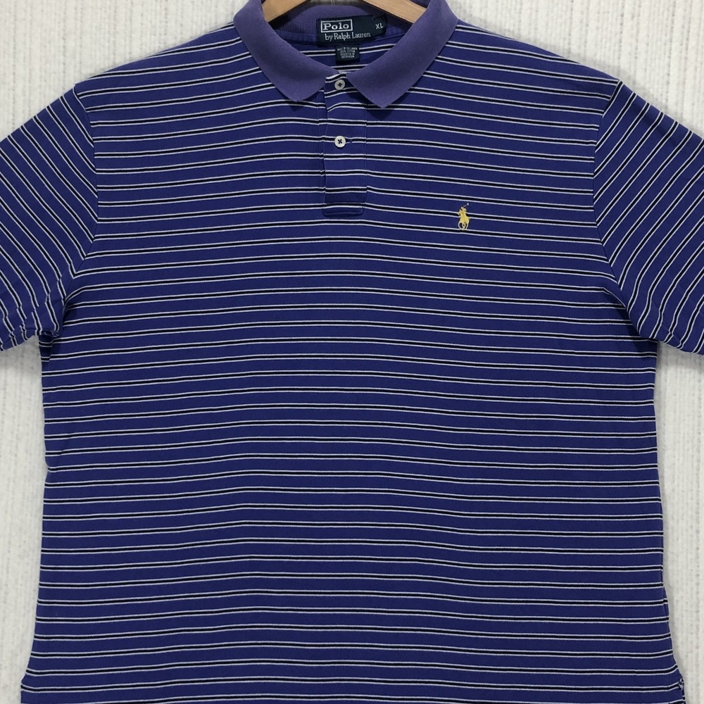 Vintage Polo Ralph Lauren Shirt XL Purple White Striped Short Sleeve Polo Pony